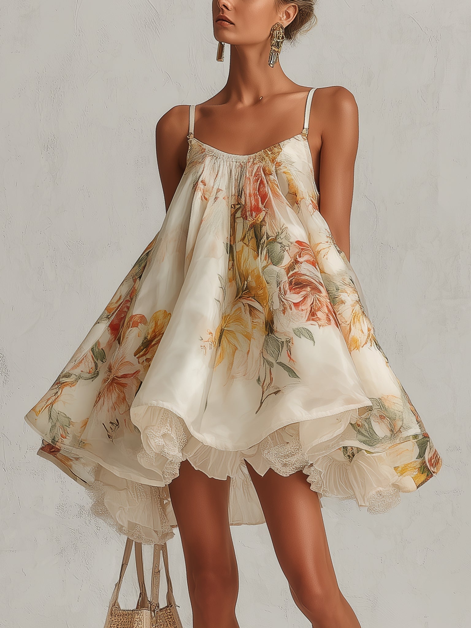 Gloria | Beige Floral Organza Mini A-Line Dress with Lace Trim