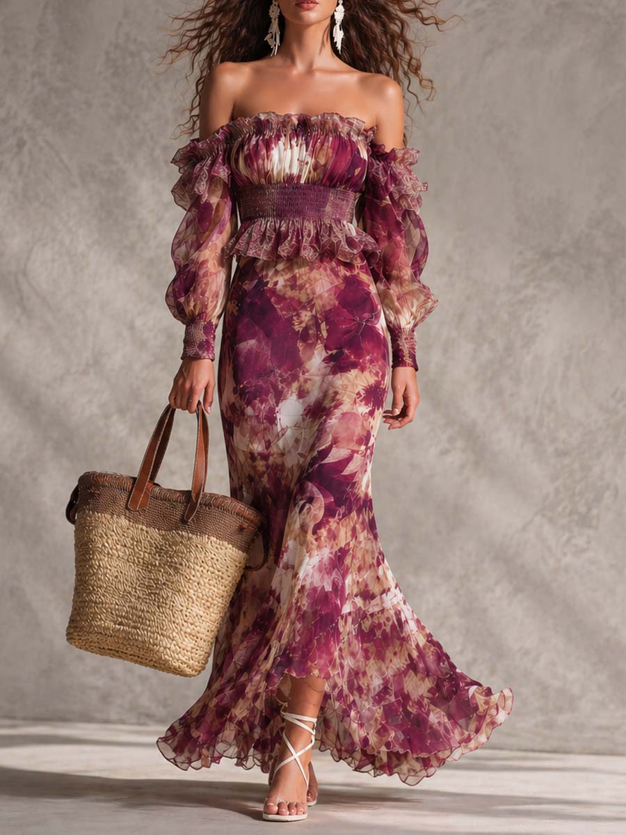 Evelyn | Maxi Off-Shoulder Dress in Antique Pink with Floral Pattern