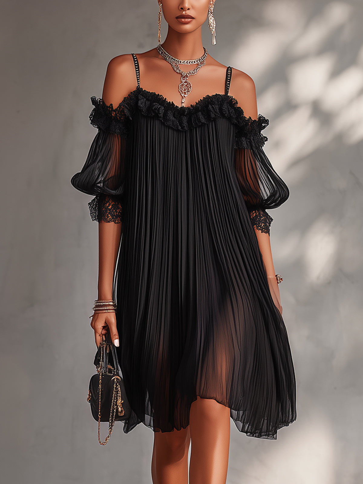 Joanne | Black Mini Dress with Off-the-Shoulder Design and Lace Trim