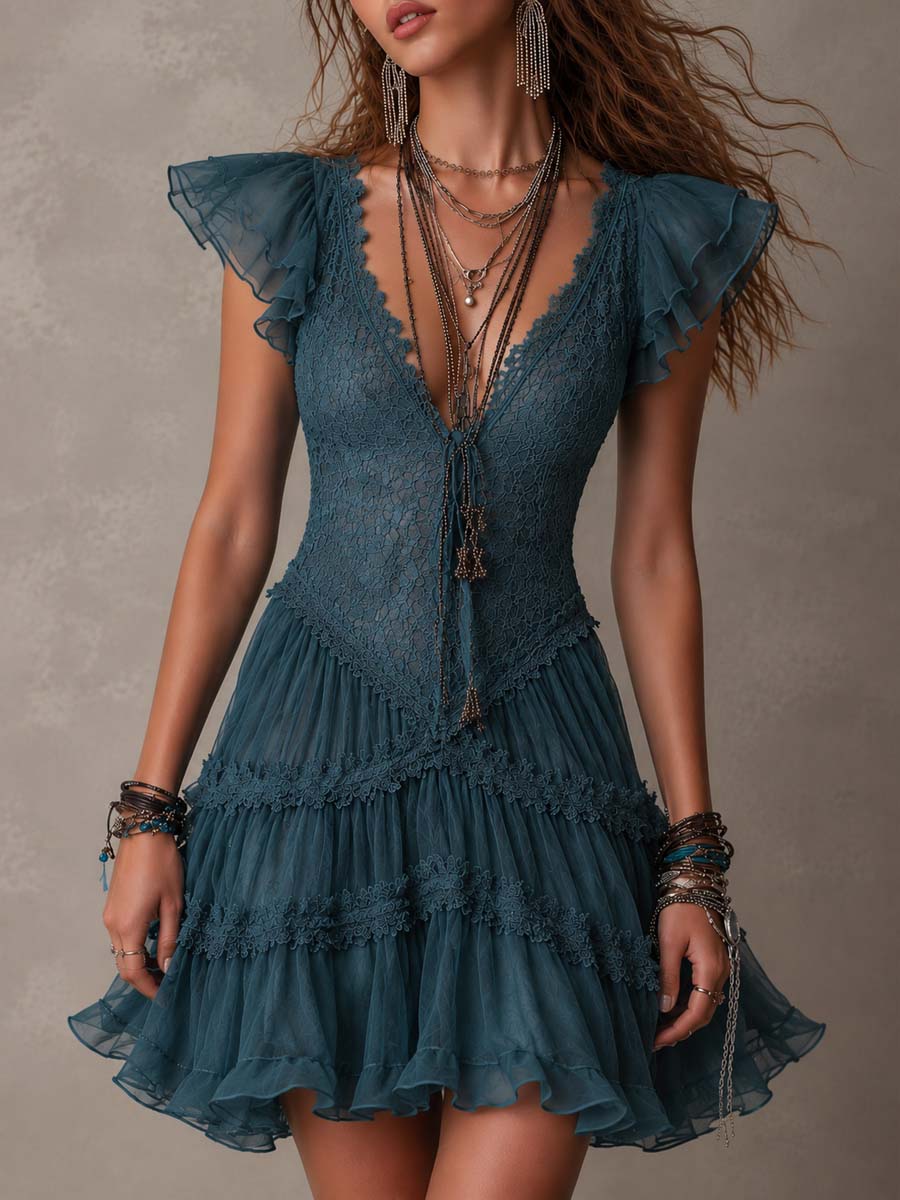 Peggy | Mini Ruffled Lace Dress in Retro Blue and Chiffon