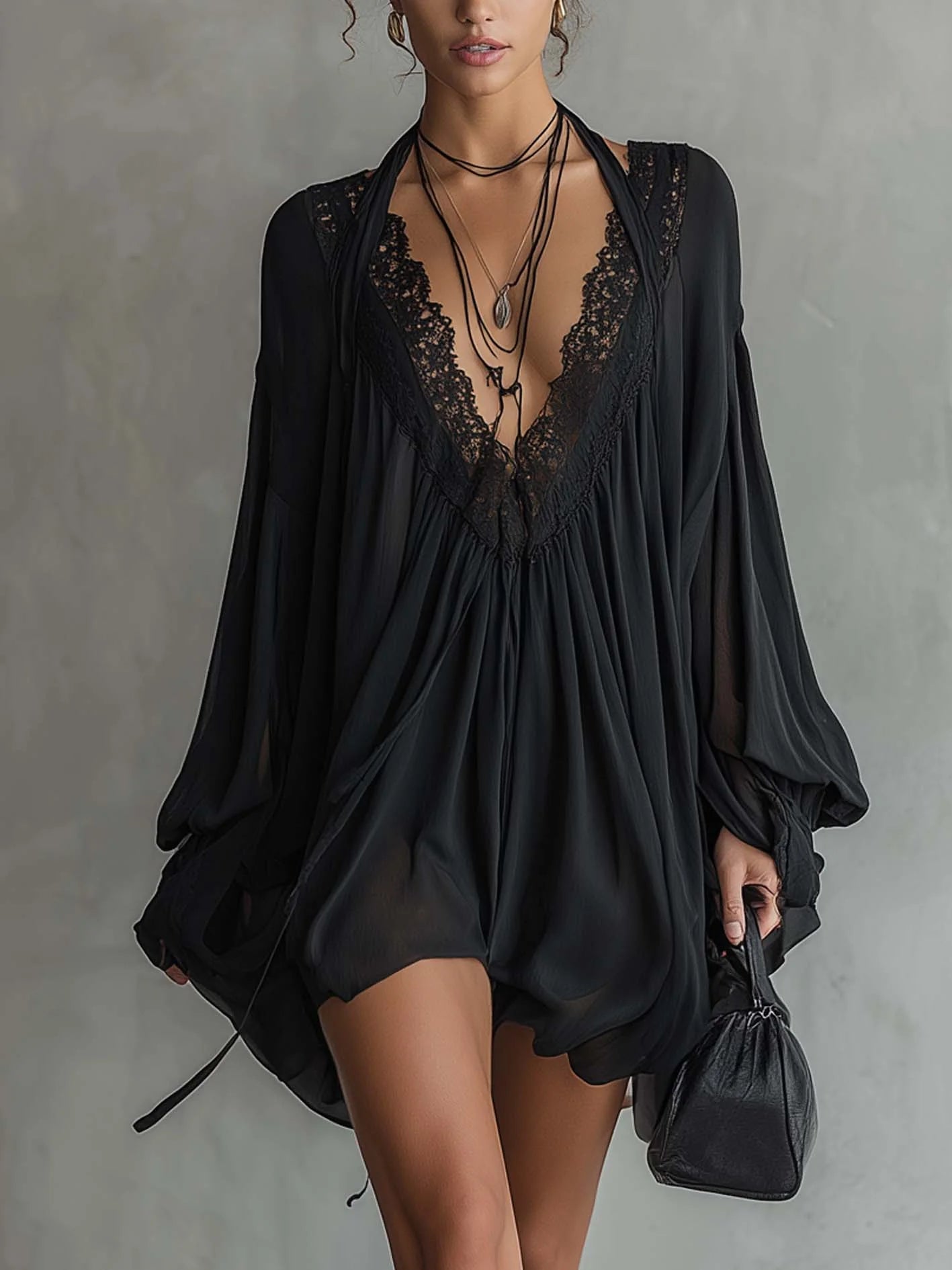 Margaret | Black Chiffon Mini Dress with Lace Collar