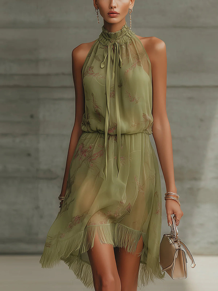 Carol | Mini Chiffon Dress with Green Flower and High Waist
