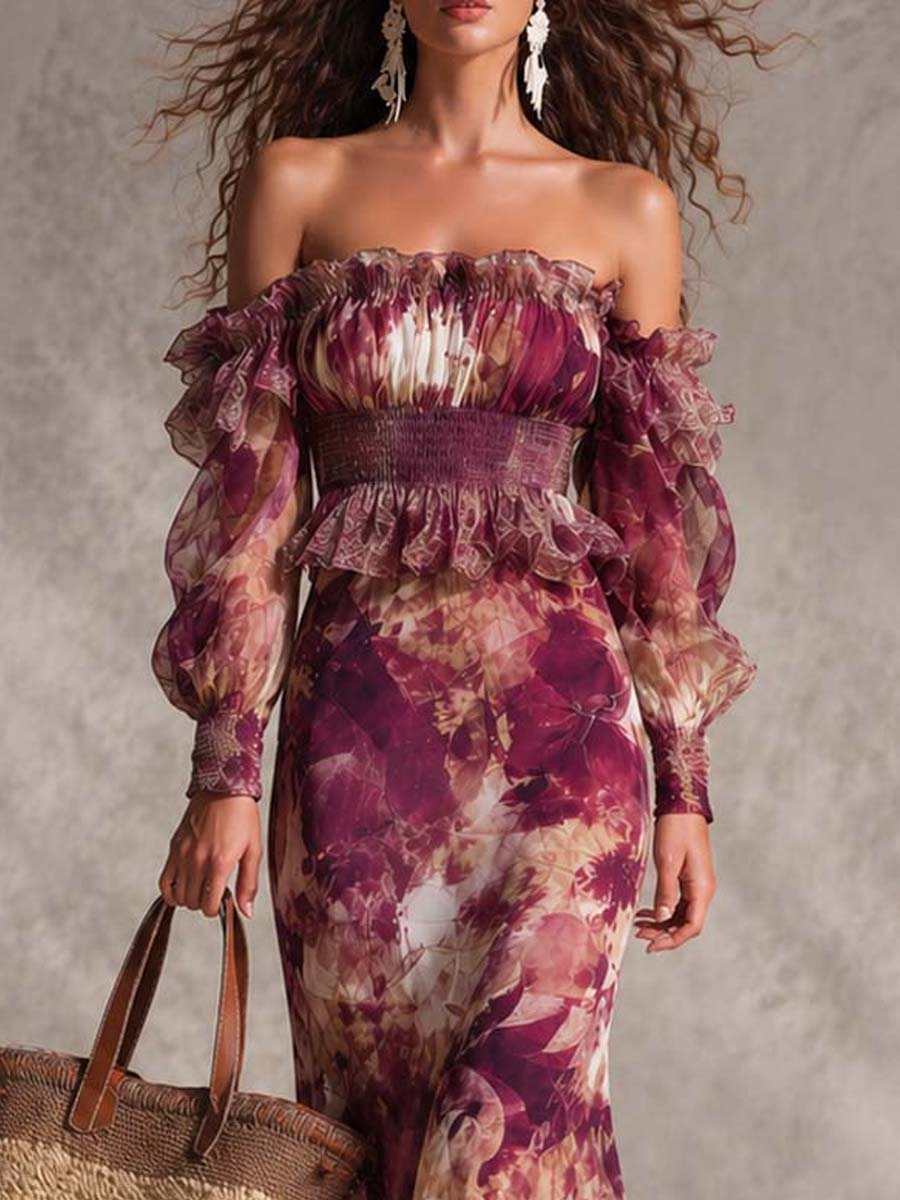 Evelyn | Maxi Off-Shoulder Dress in Antique Pink with Floral Pattern