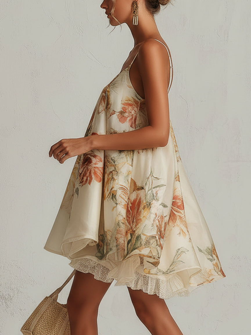 Gloria | Beige Floral Organza Mini A-Line Dress with Lace Trim