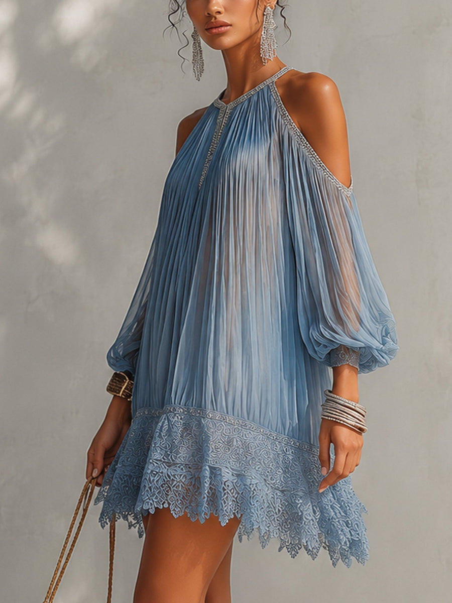 Elaine | Blue Ruffled Mini Dress with Off-the-Shoulder Sleeves and Lace Hem