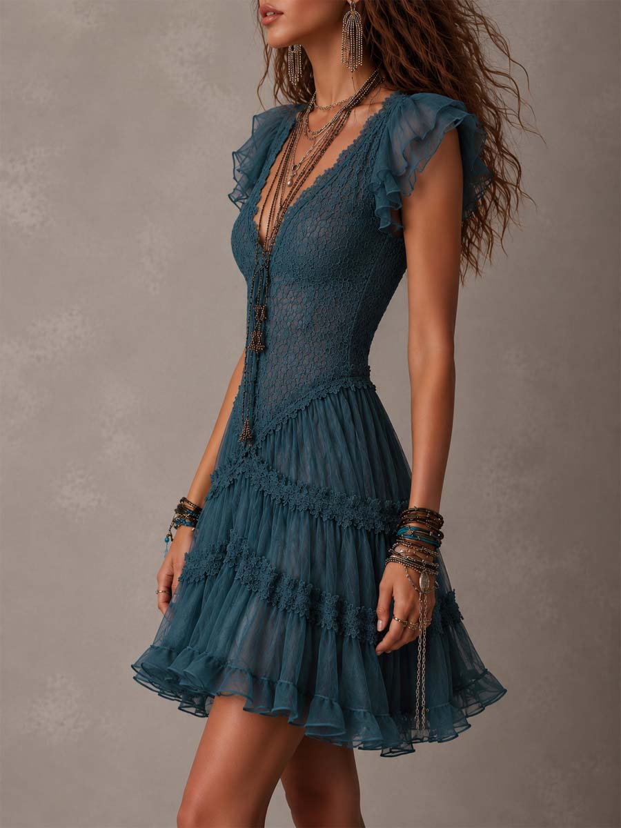 Peggy | Mini Ruffled Lace Dress in Retro Blue and Chiffon