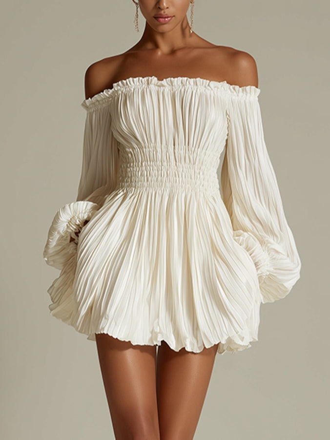 Linda | White mini dress with off-the-shoulder design and gathered waist