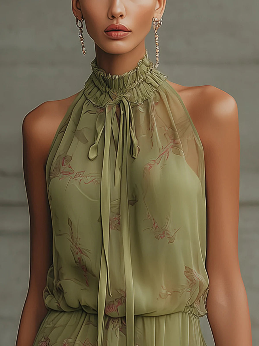 Carol | Mini Chiffon Dress with Green Flower and High Waist