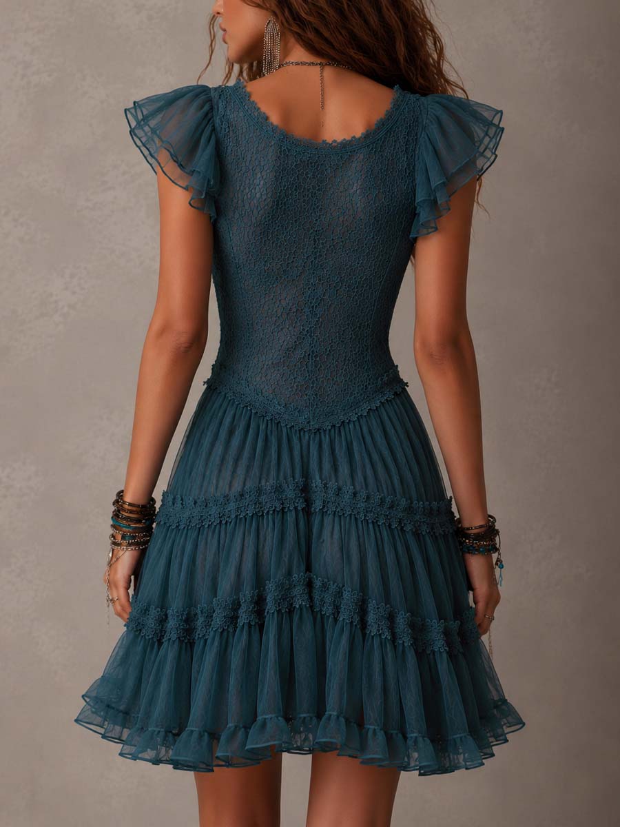 Peggy | Mini Ruffled Lace Dress in Retro Blue and Chiffon