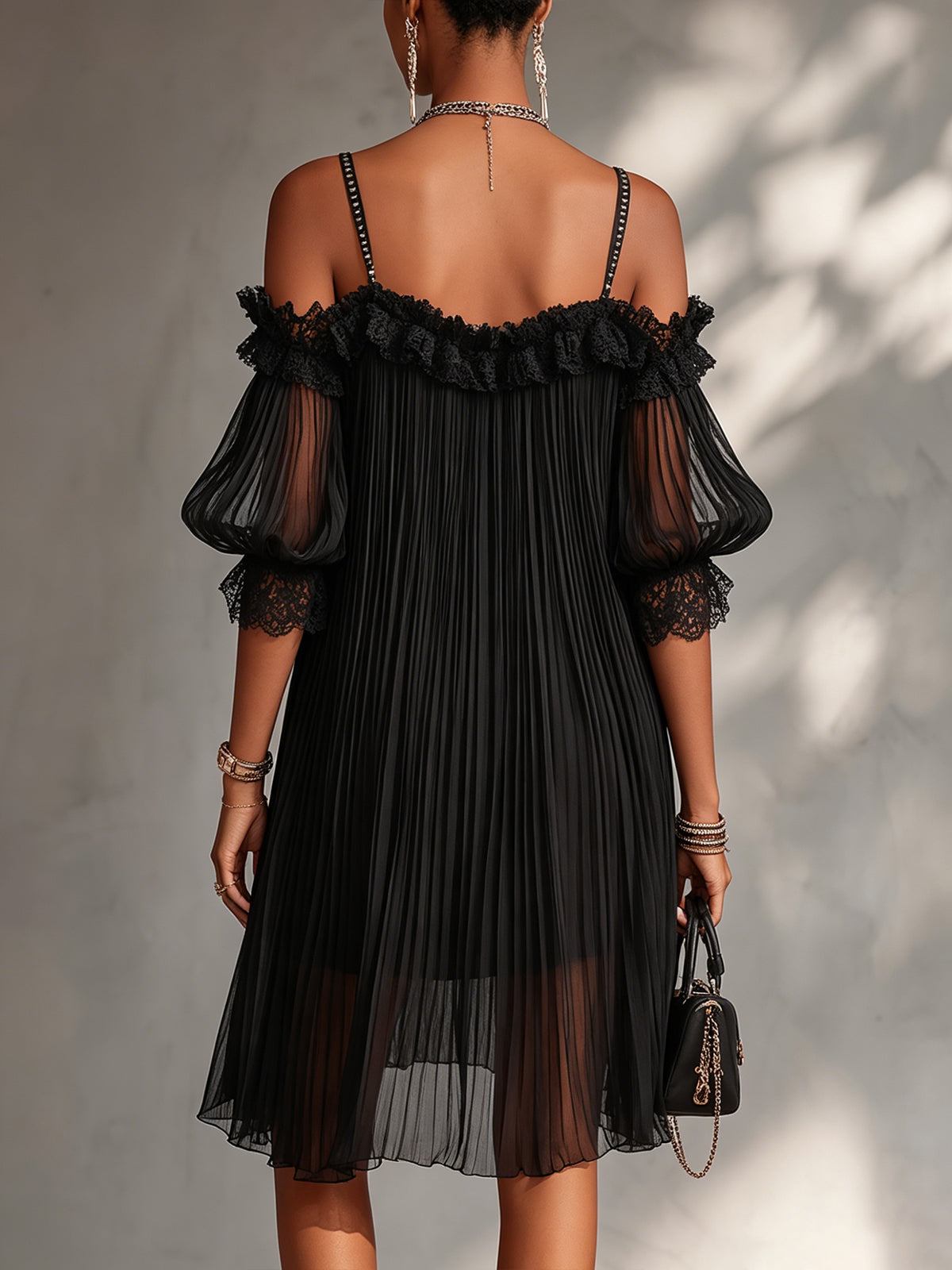 Joanne | Black Mini Dress with Off-the-Shoulder Design and Lace Trim