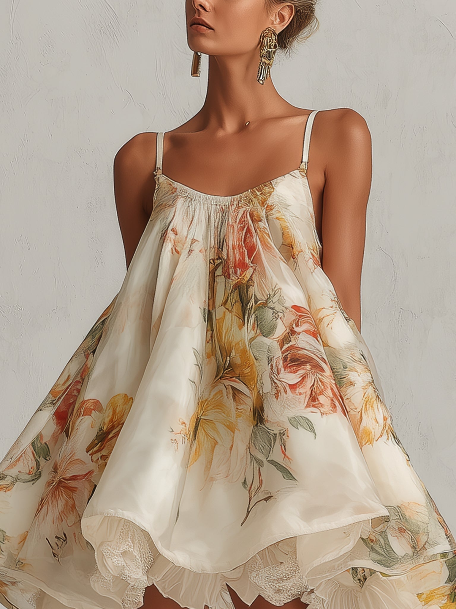 Gloria | Beige Floral Organza Mini A-Line Dress with Lace Trim