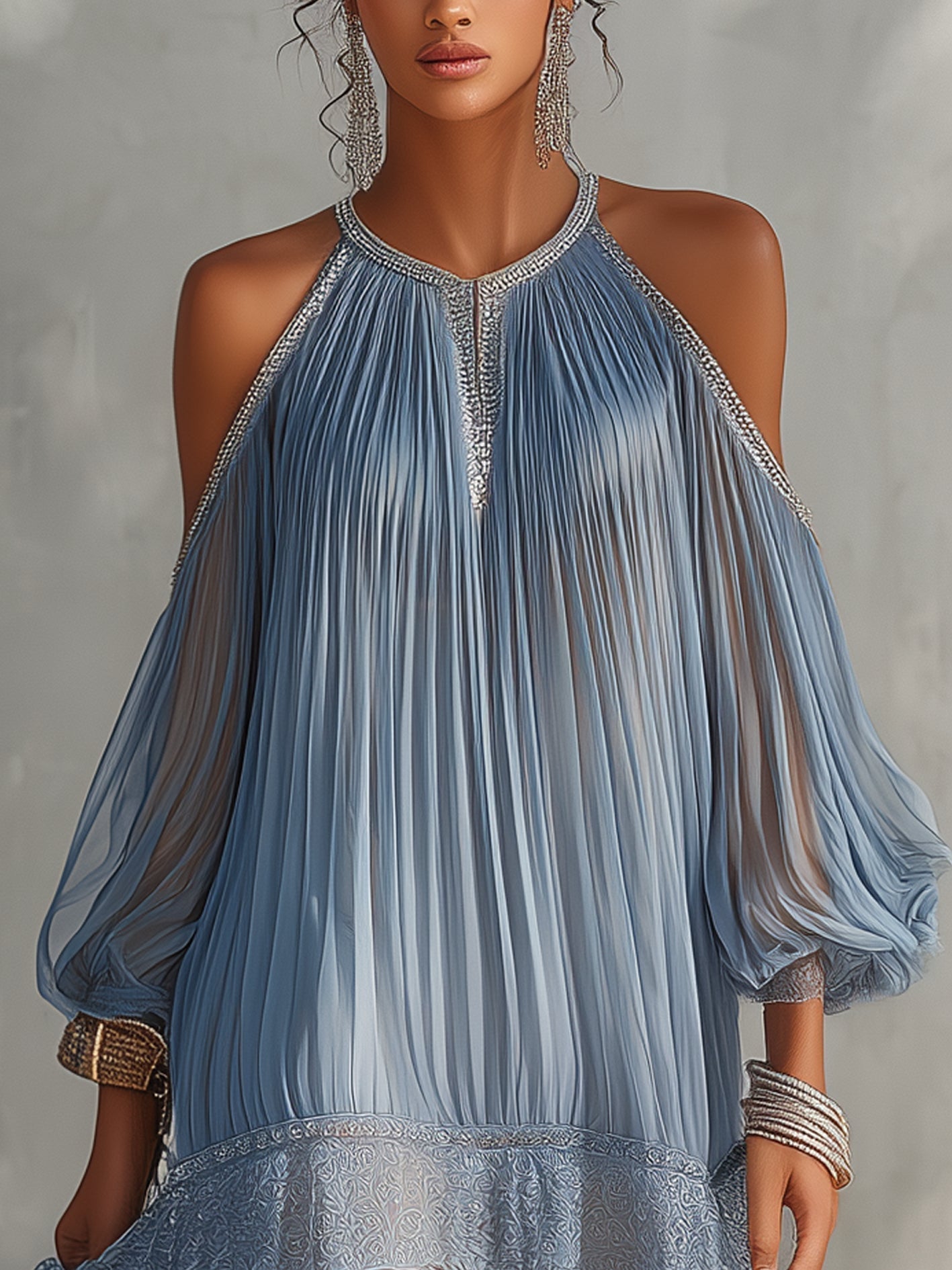 Elaine | Blue Ruffled Mini Dress with Off-the-Shoulder Sleeves and Lace Hem