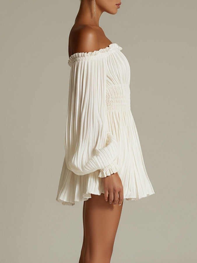 Linda | White mini dress with off-the-shoulder design and gathered waist