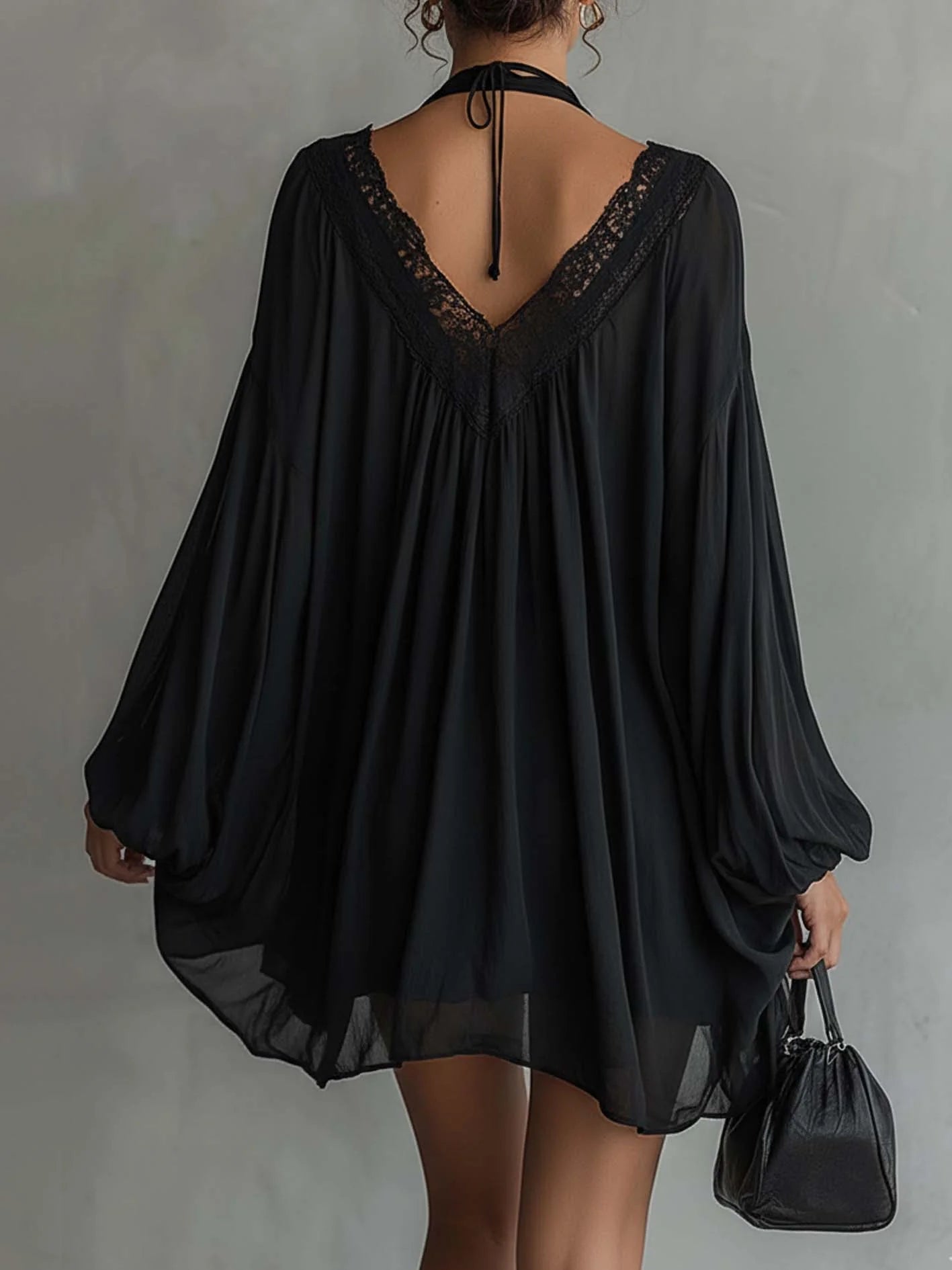 Margaret | Black Chiffon Mini Dress with Lace Collar