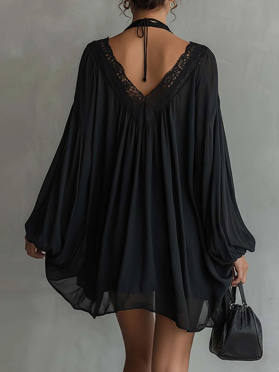 Margaret | Black Chiffon Mini Dress with Lace Collar