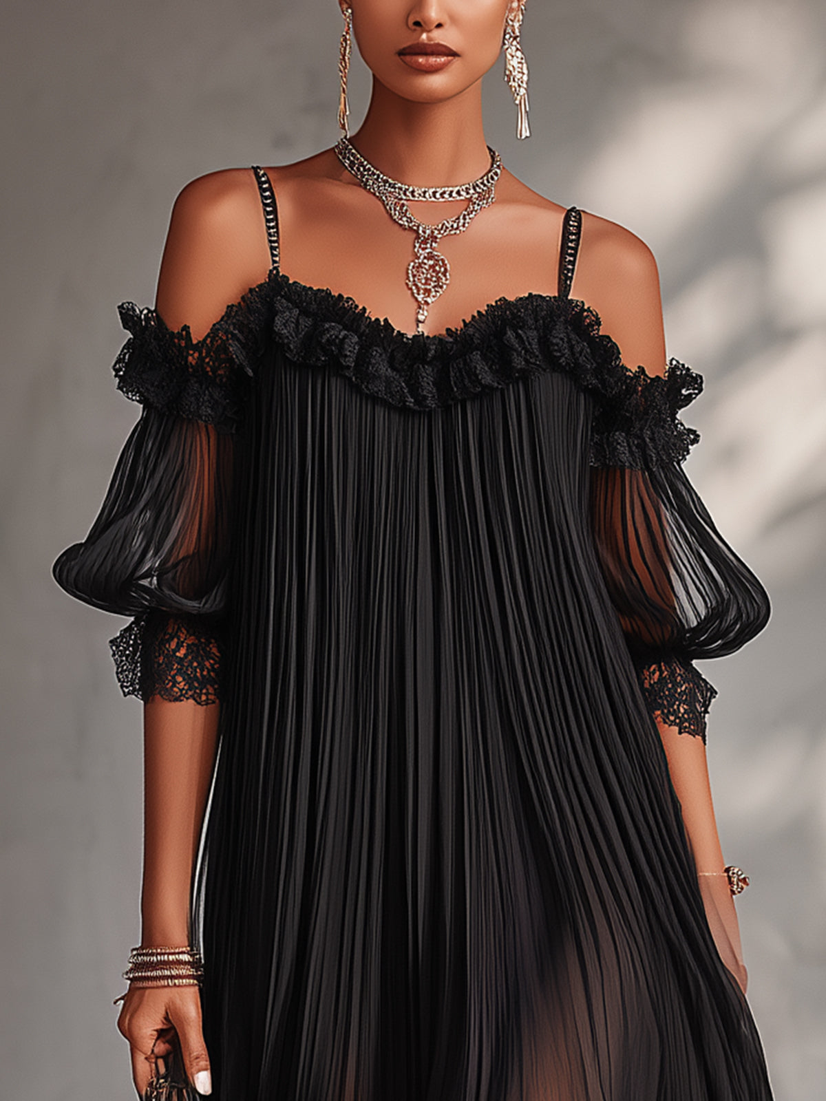Joanne | Black Mini Dress with Off-the-Shoulder Design and Lace Trim