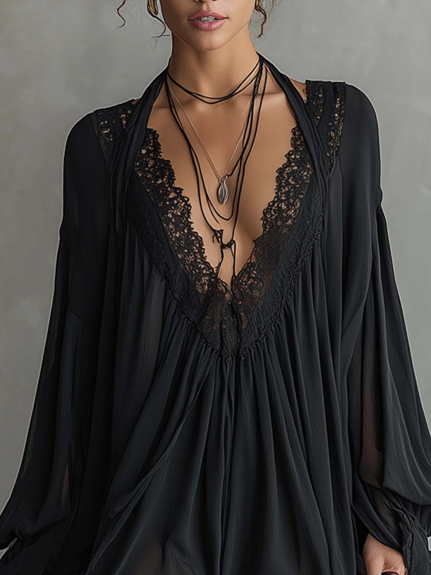 Margaret | Black Chiffon Mini Dress with Lace Collar