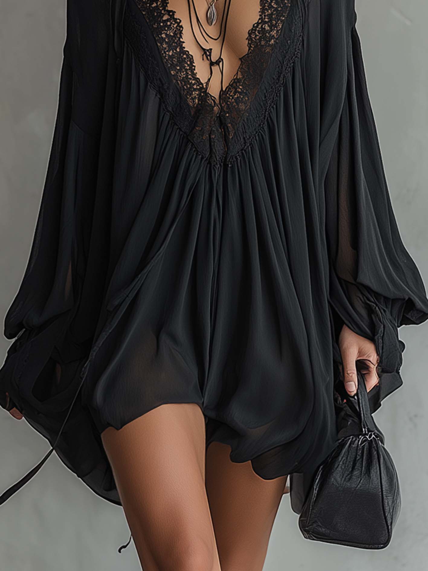 Margaret | Black Chiffon Mini Dress with Lace Collar