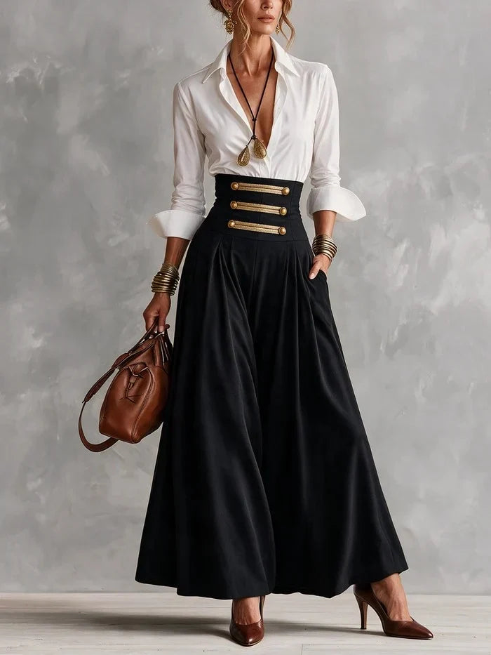 AMELIA | WHITE COLLAR SHIRT & GOLD-BUTTON MAXI SKIRT SET