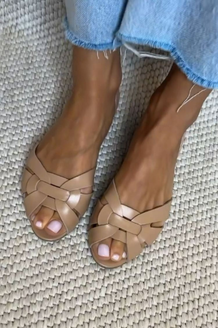 Quen - Woven Faux Leather Peep-Toe Flats