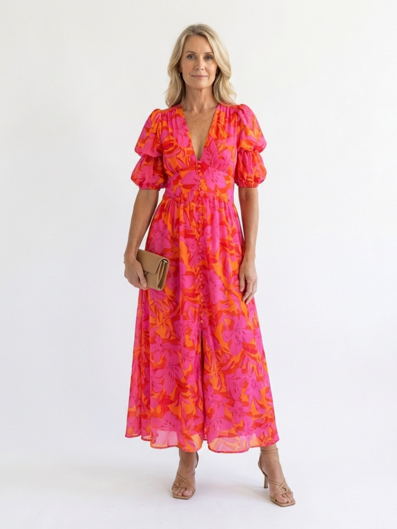 Violet & Grace™ | Floral V Neck Puff Sleeve Midi Dress