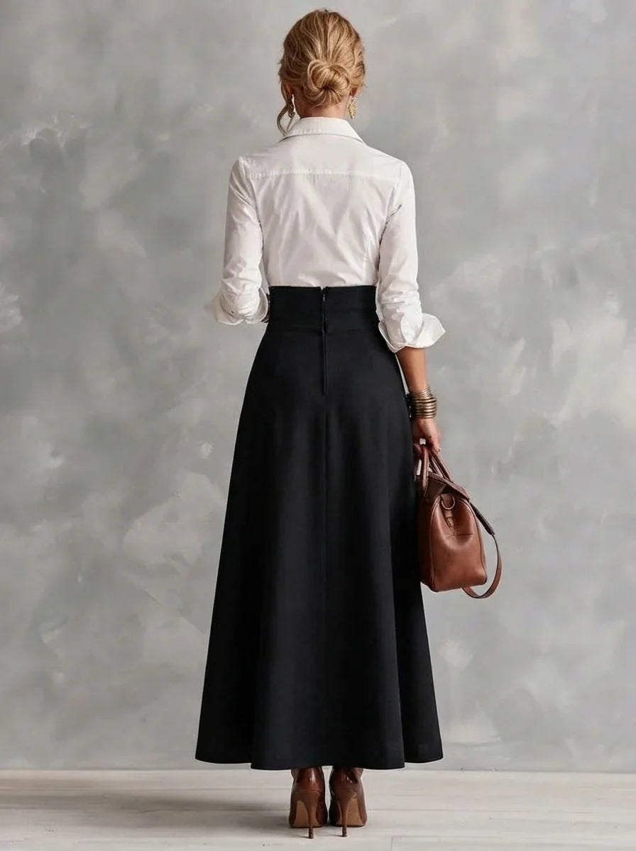 AMELIA | WHITE COLLAR SHIRT & GOLD-BUTTON MAXI SKIRT SET