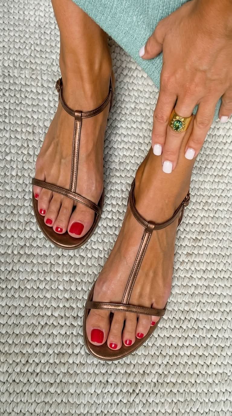 Cora - Low Metallic Summer Sandals with T-Strap