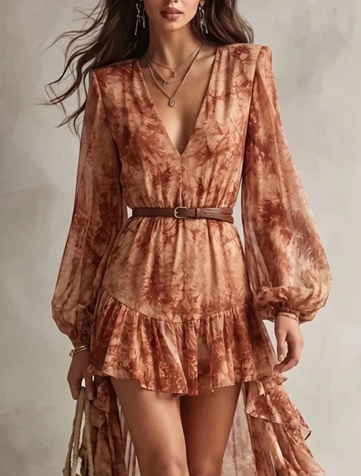 Donna | Long Sleeve Mini Dress with V-Neck and Terracotta Floral Print