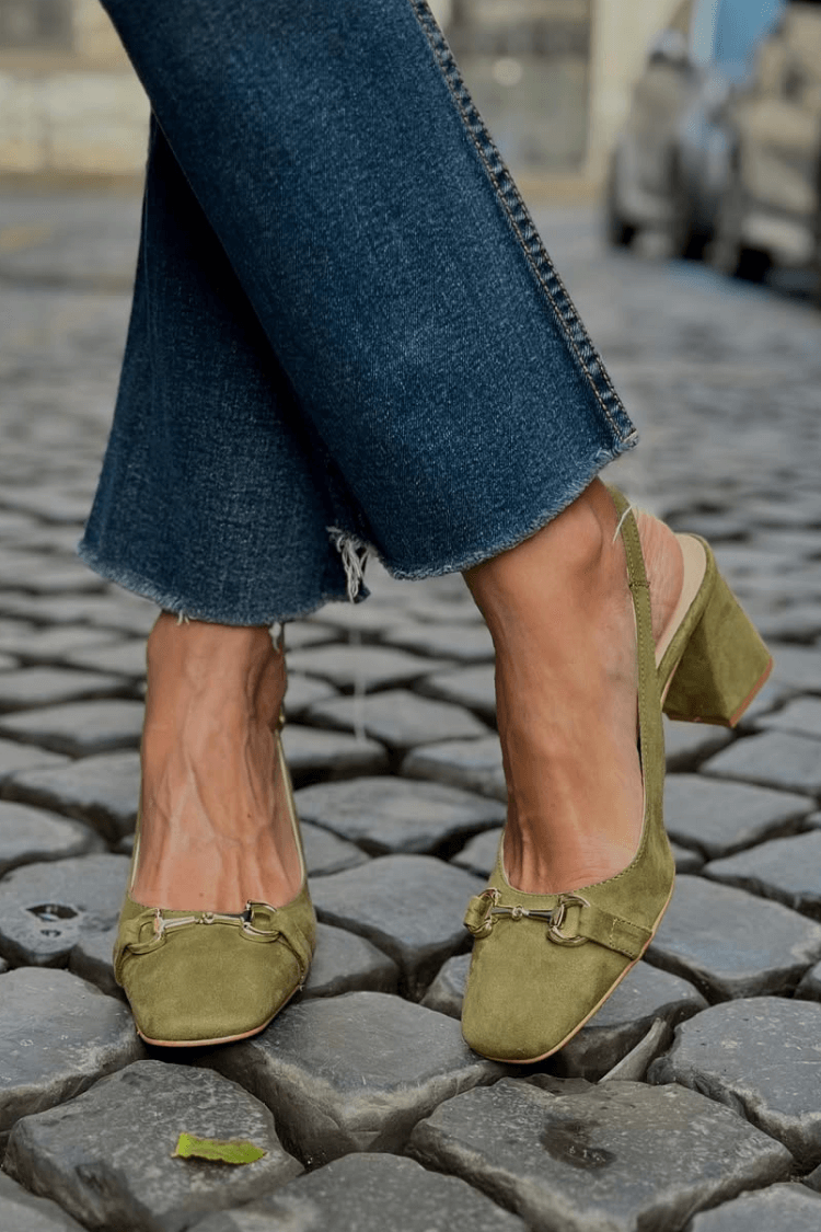 Xia - Olive Suede Slingback Block Heels