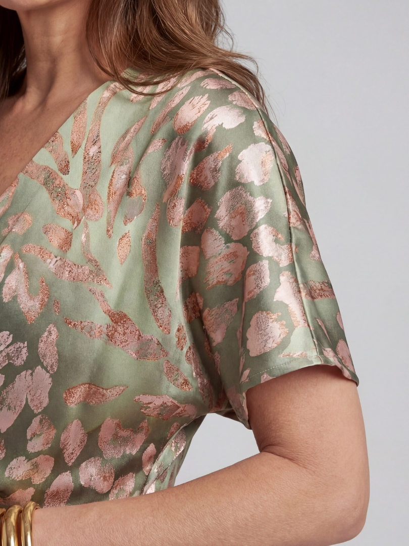 Abstract Print V Neck Twist Waist Midi Dress