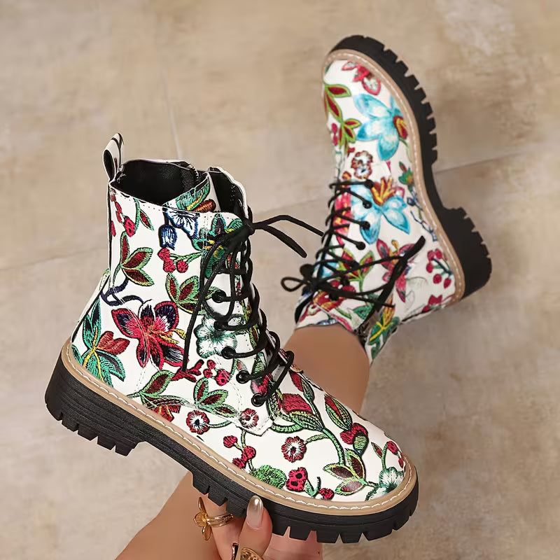 Liora – Floral Lace-Up Ankle Boots