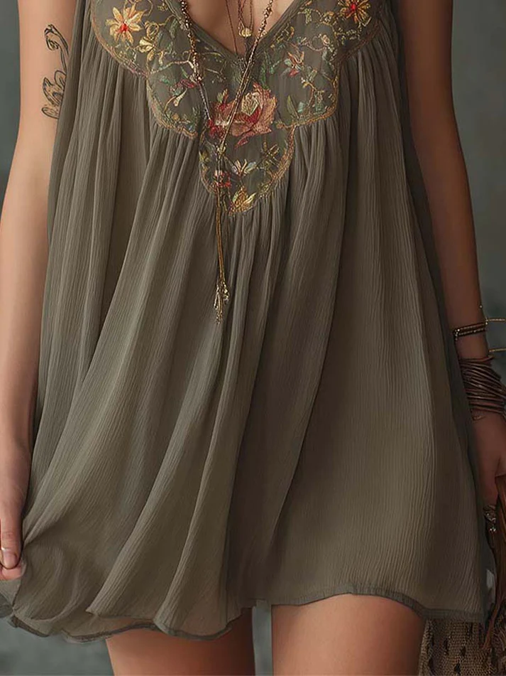 Phyllis | Gray Mini Long Dress with Floral Print
