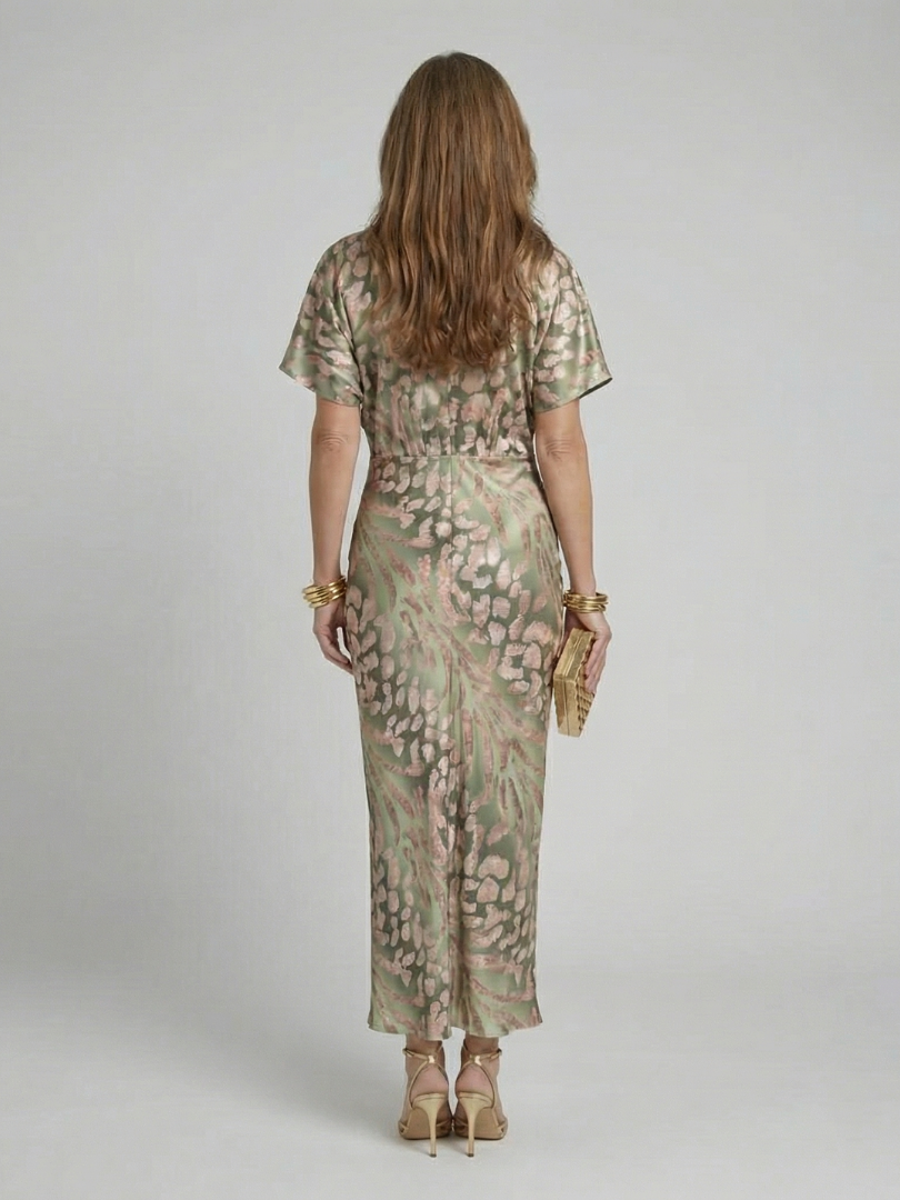 Abstract Print V Neck Twist Waist Midi Dress