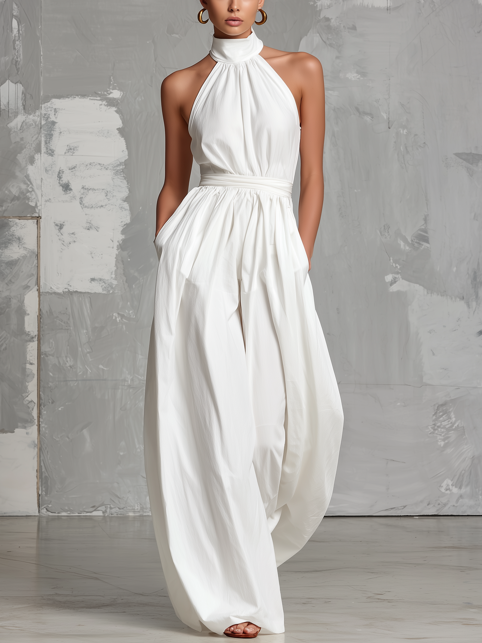 Zoltán | Elegant white woven sleeveless halter-neck jumpsuit • S1