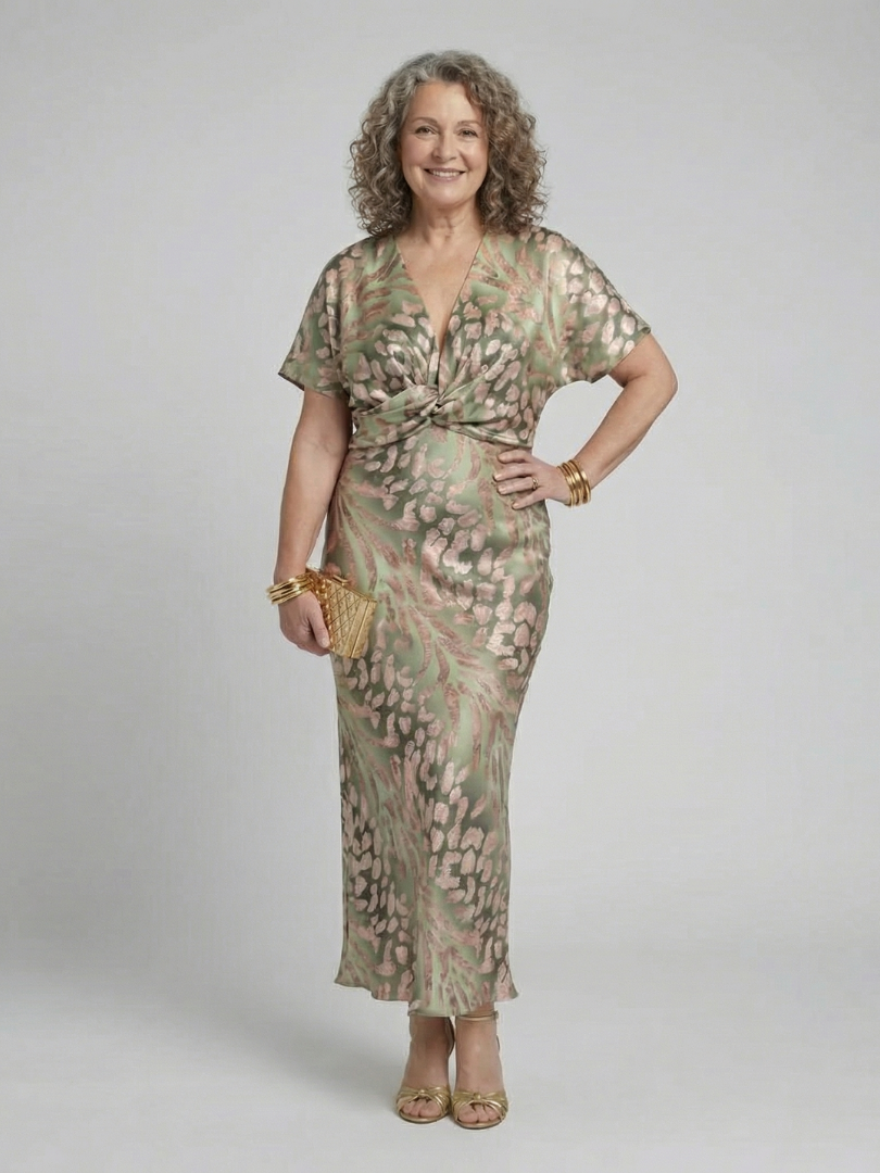 Abstract Print V Neck Twist Waist Midi Dress