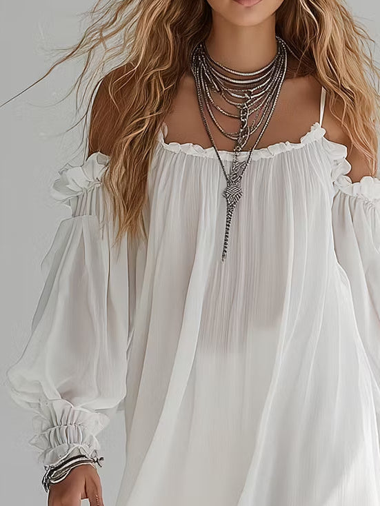 Virginia | Bohemian Style Floating Mini Dress with Off-Shoulder Design