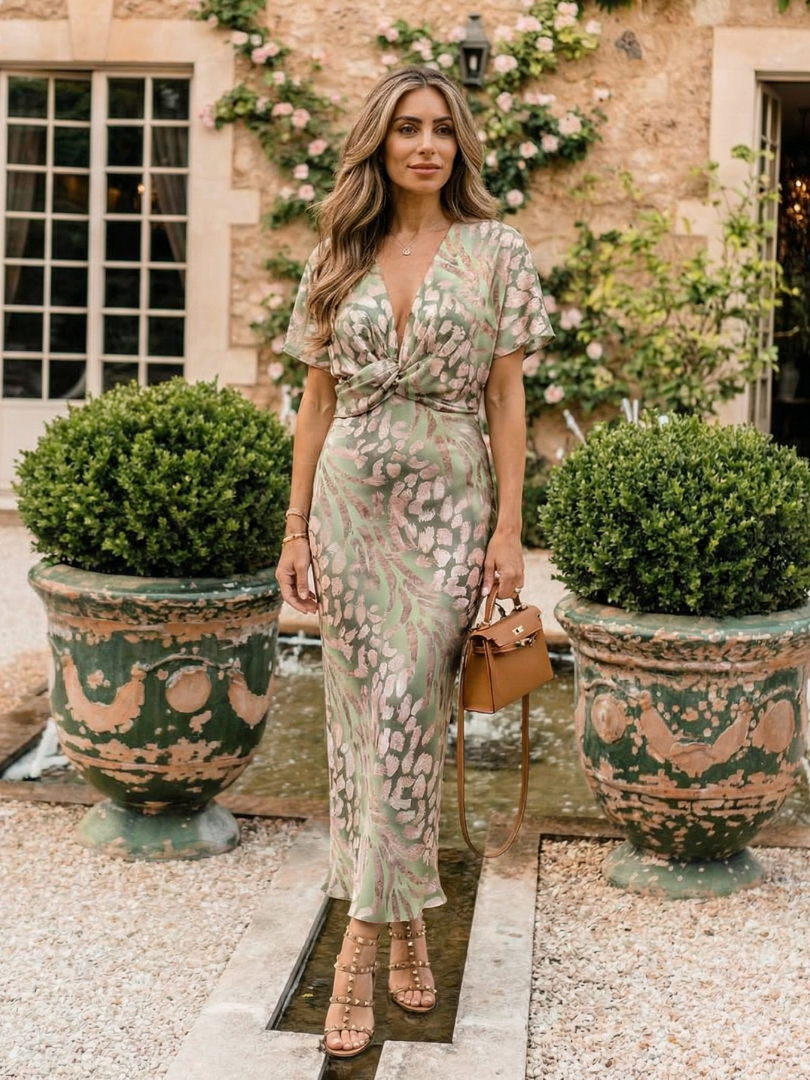 Abstract Print V Neck Twist Waist Midi Dress