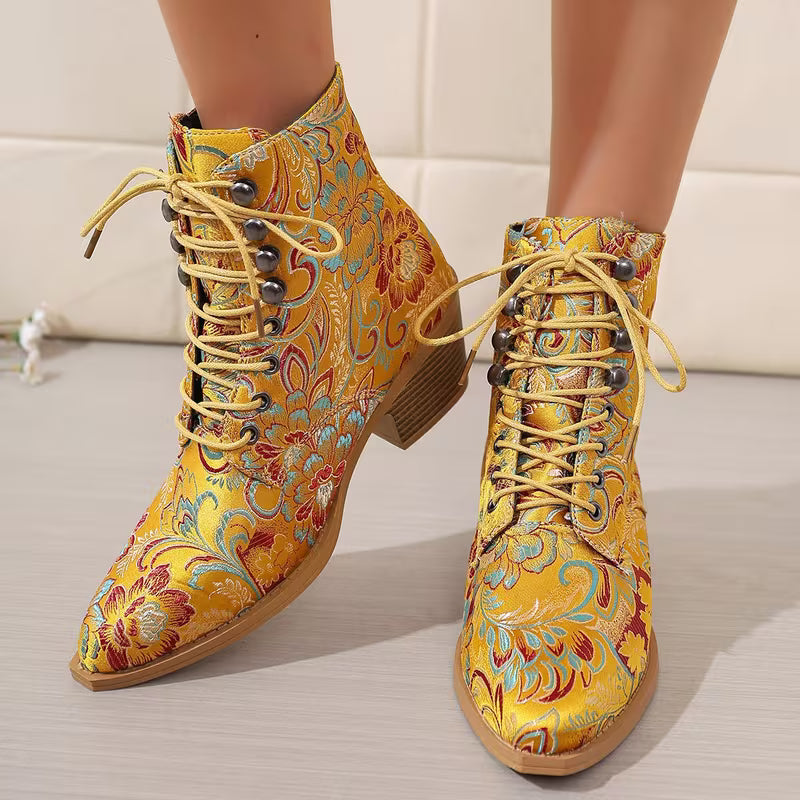Aurelia – Floral Lace-Up Western Ankle Boots