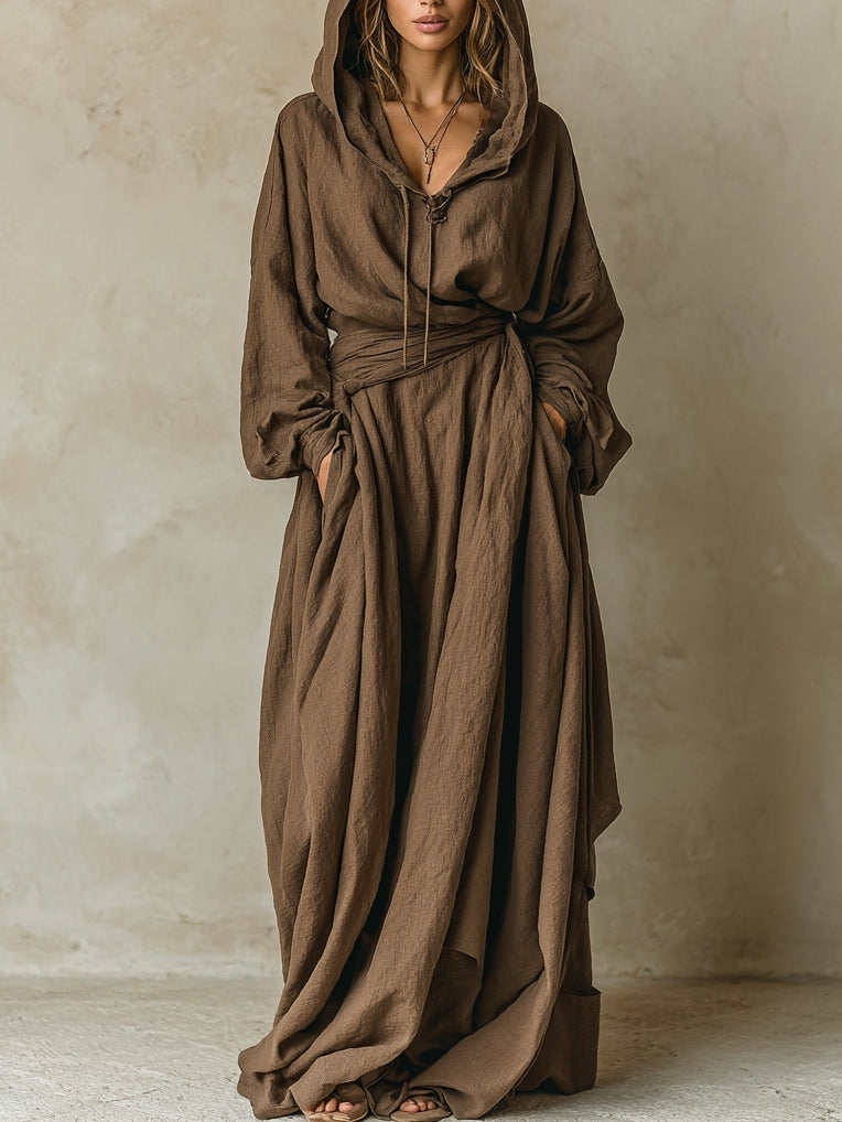 Brown hooded loose maxi dress