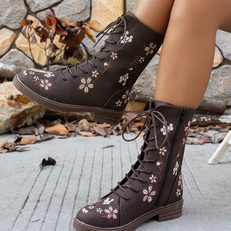 Elara – Floral Detail Lace-Up Boots