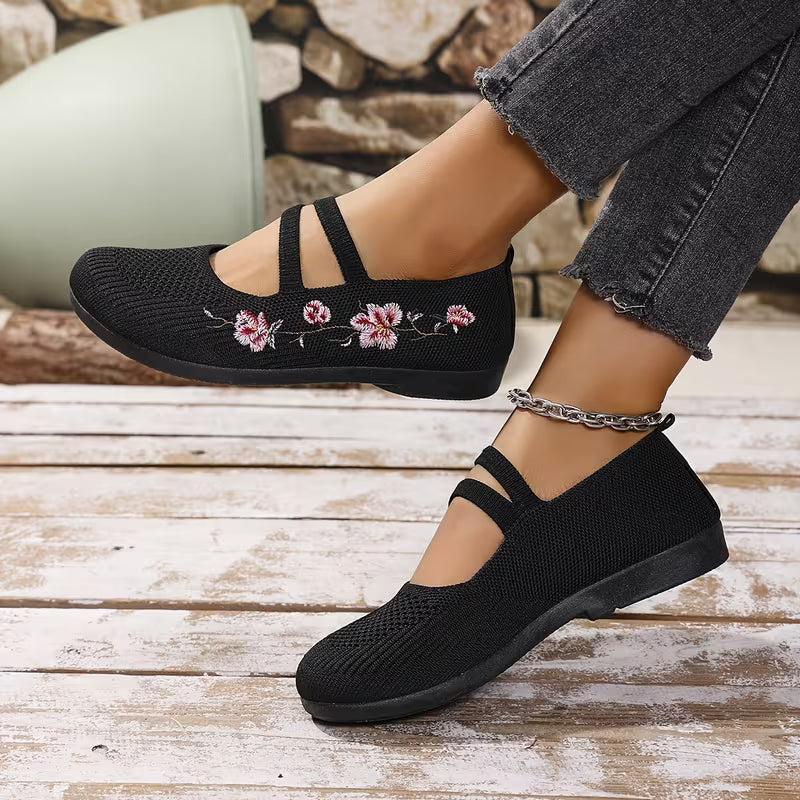 Elodie – Floral Knit Mary Jane Flats