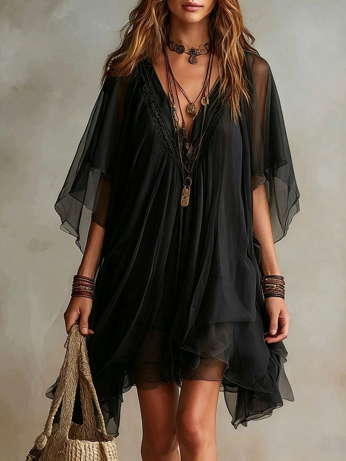 Beverly | Layered fluid mini dress with V-neck in green