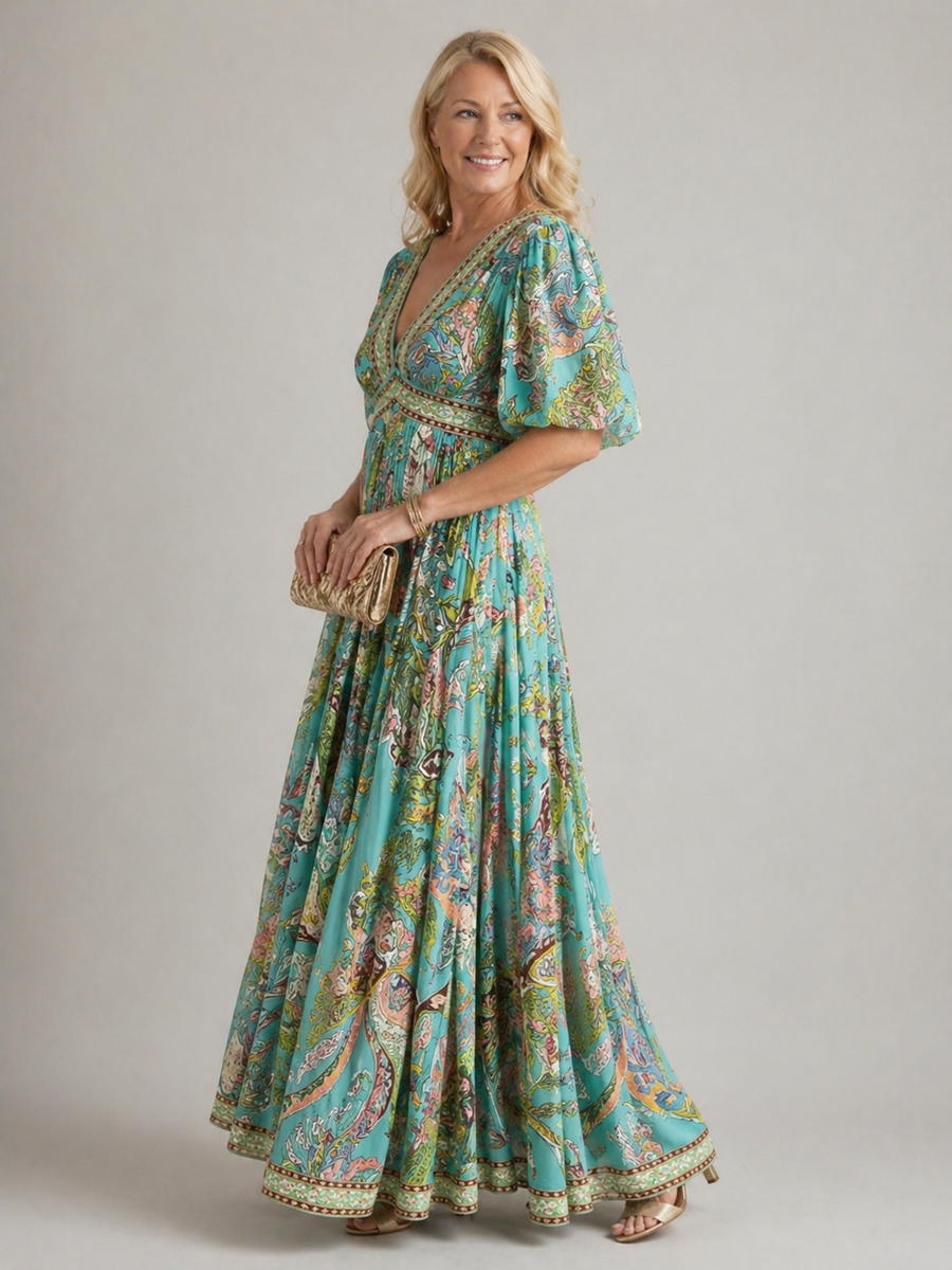 Airy maxi dress with puff sleeves and V-neck
