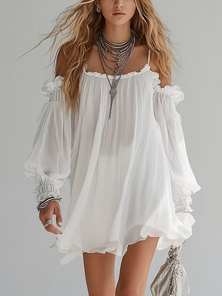 Virginia | Bohemian Style Floating Mini Dress with Off-Shoulder Design