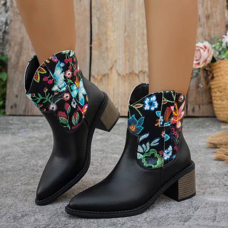Lucendra – Floral Detail Western Ankle Boots