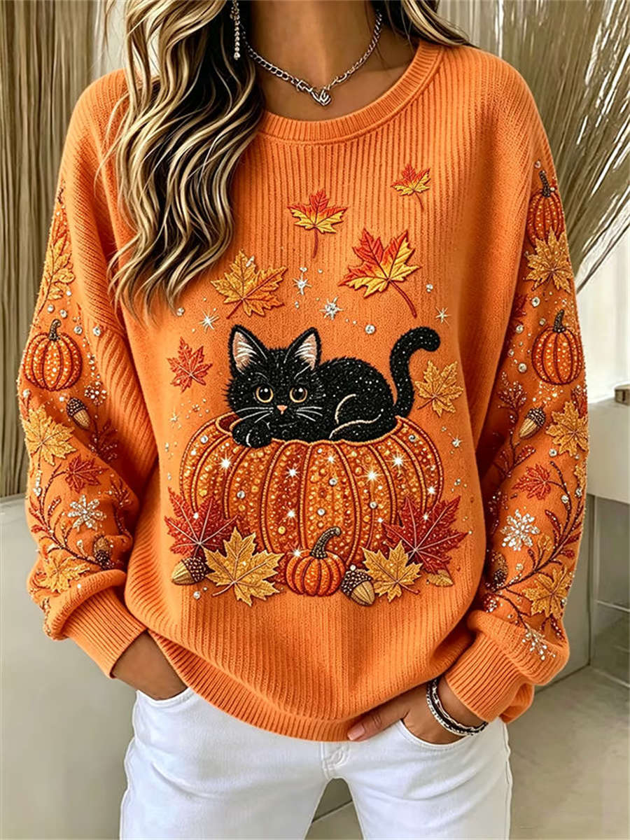 Hazel – Autumn Cat & Pumpkin Sweater