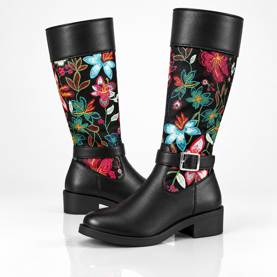 Valeria – Floral Buckle Knee-High Boots