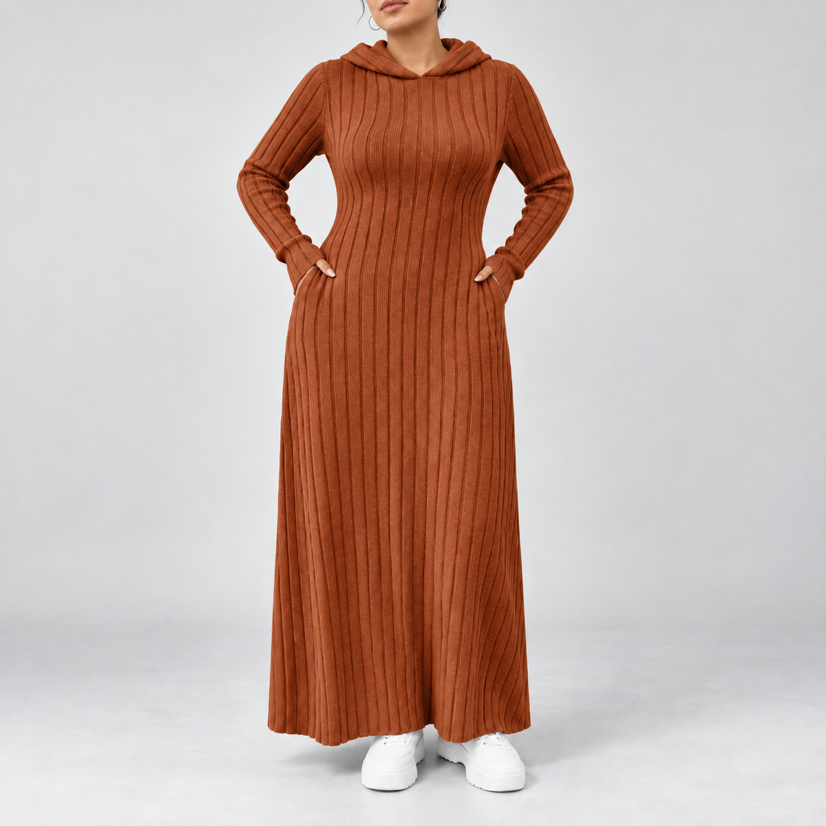 Amelia – Ribbed Hooded Maxi Dress
