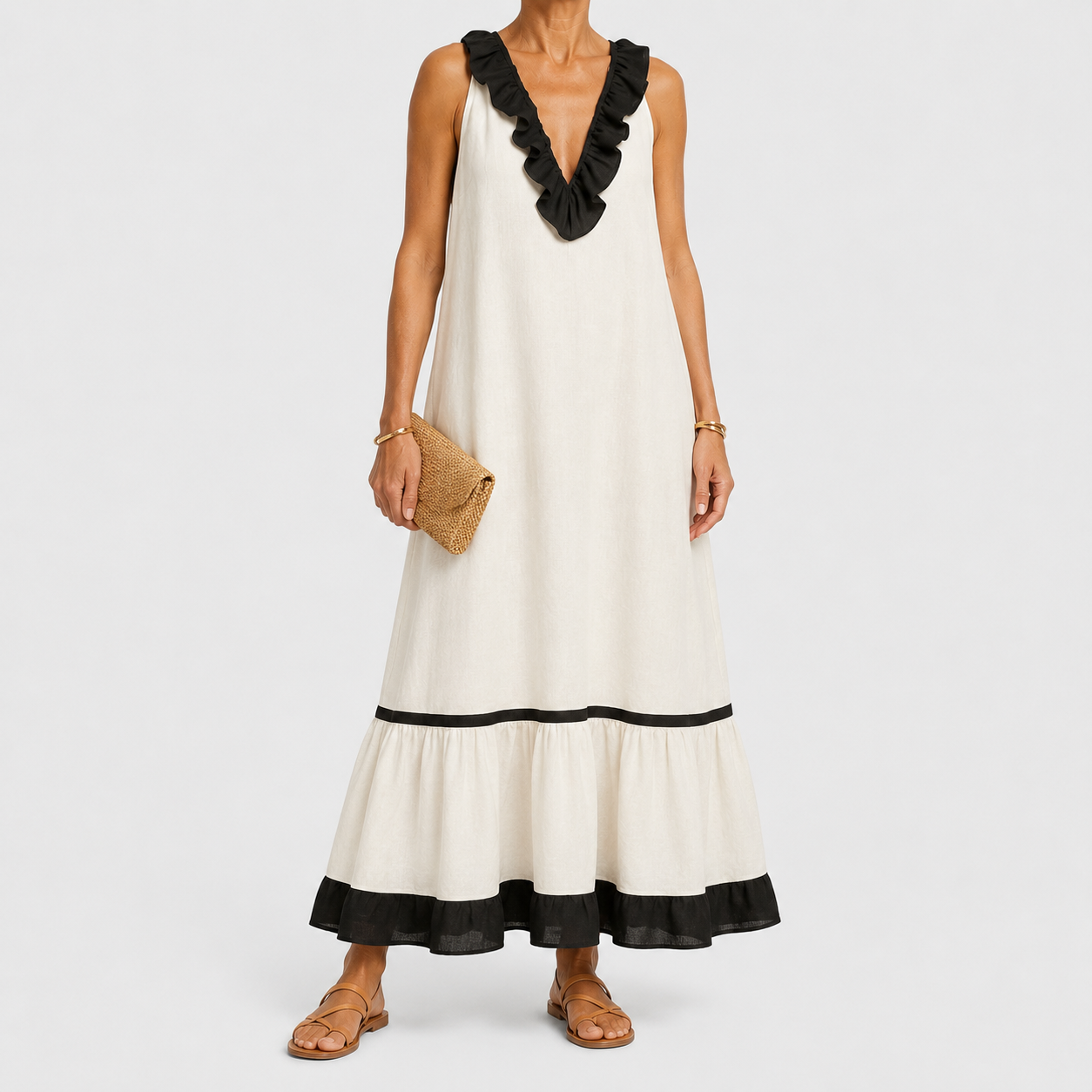 Mayline | Sleeveless Ruffle-Neck Contrast-Trim Maxi Dress