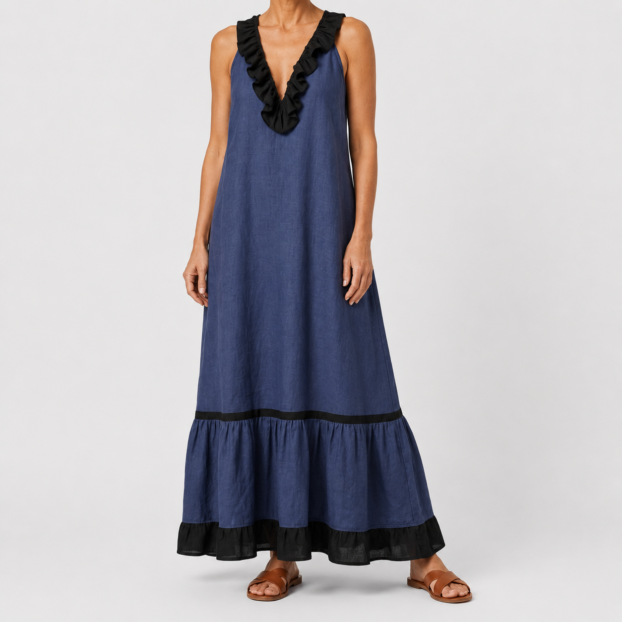 Mayline | Sleeveless Ruffle-Neck Contrast-Trim Maxi Dress